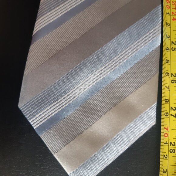 Mexx Silk Men's Diagonal Striped Necktie, Blue, Tan, Grey & White - Picture 7 of 7
